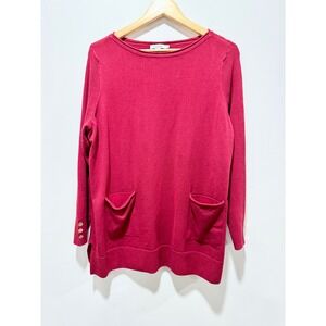 Chicos Red Tunic Sweater Long Sleeve Gold Button Cuff Pockets Size 3 XL
